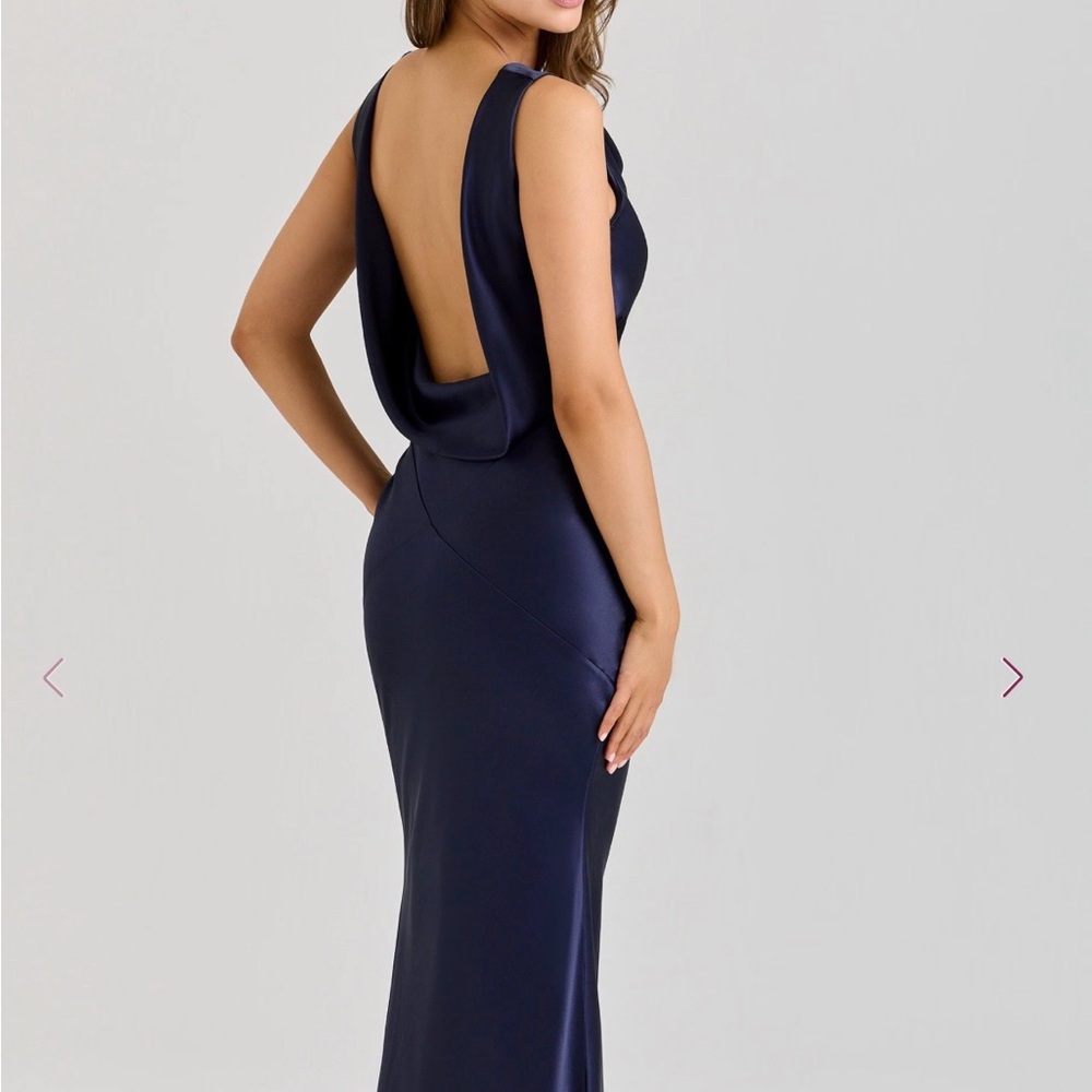 NWT House of CB Safaira Navy Satin Cowl Neck Open Back Maxi Dress L - Picture 2 of 5